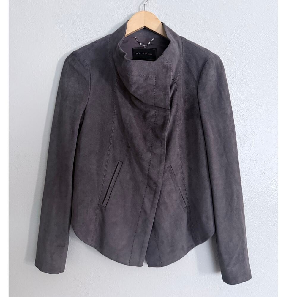 BCBGMAXAZRIA bcbg gray faux suede Misty Morning cropped moto jacket top